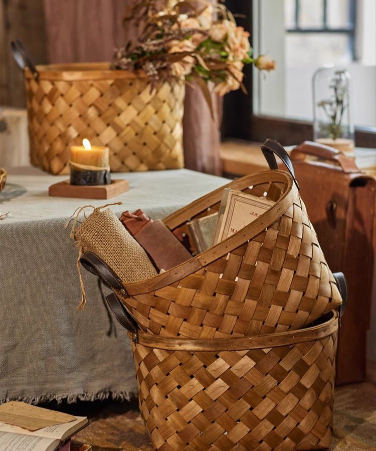 Rustic Handwoven Woodchip Basket by RusticReach with leather handles, filled with items on Tampa Home & Garden Store