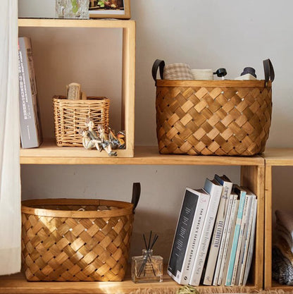 Rustic Handwoven Woodchip Baskets by RusticReach; brown woven baskets with handles on a wooden shelf on Tampa Home & Garden Store