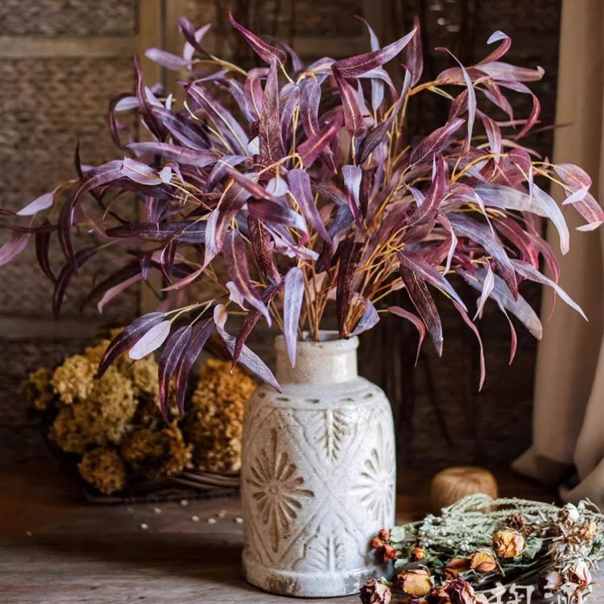 RusticReach Whispers of Autumn Eucalyptus Stem 33in tall purple burgundy leaves in vase on Tampa Home & Garden Store