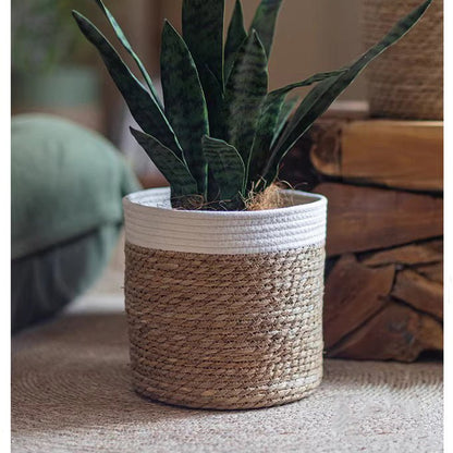 Woven Basket with Colored Rim by RusticReach, natural jute body with white rim plant pot holder on Tampa Home & Garden Store