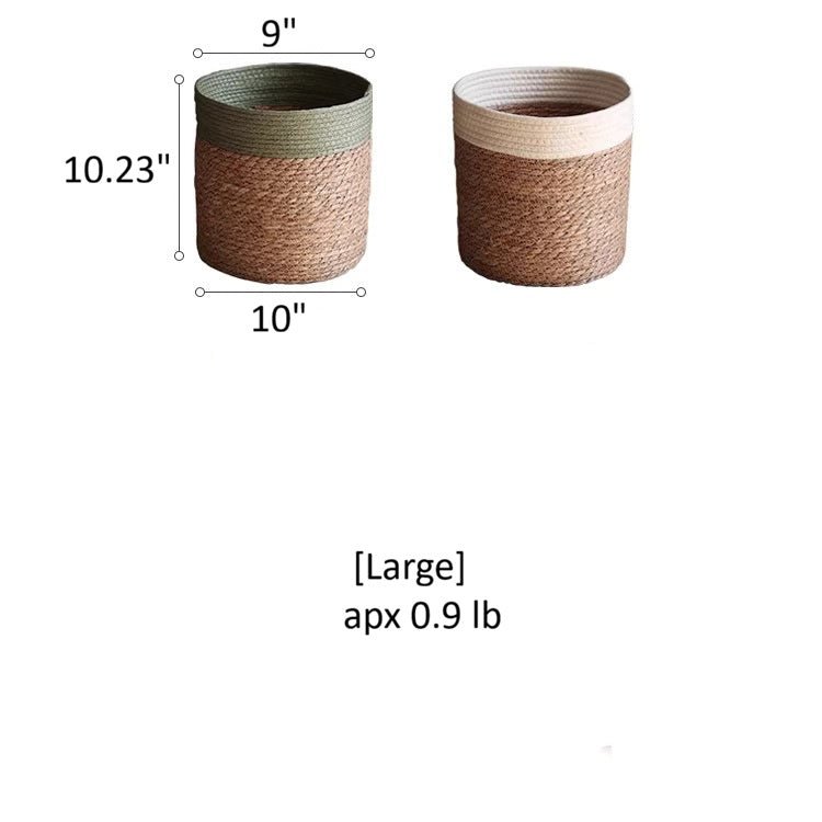 Woven basket with colored rim set of 2 in natural jute with green & cream rims RusticReach on Tampa Home & Garden Store