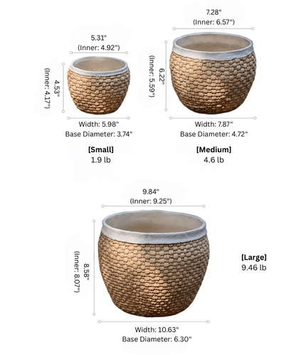 Woven Rattan Cement Planter set by RusticReach; three sizes Small, Medium, Large on Tampa Home & Garden Store