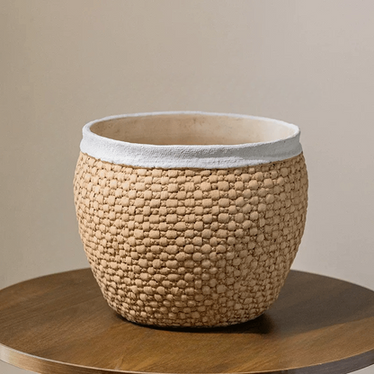 Woven rattan cement planter RusticReach natural beige with white rim on Tampa Home & Garden Store