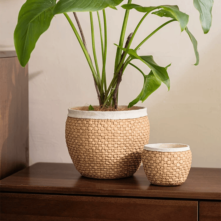 Woven Rattan Cement Planter set with large and small pots by RusticReach on Tampa Home & Garden Store