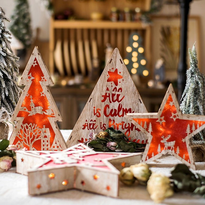 Christmas red wooden light boxes in star and triangle shapes by RusticReach with warm cutouts on Tampa Home & Garden Store