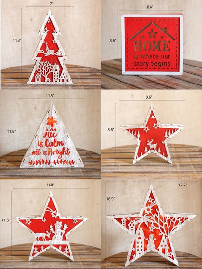 RusticReach Christmas light box set of six red and white wooden shapes featuring trees and stars on Tampa Home & Garden Store