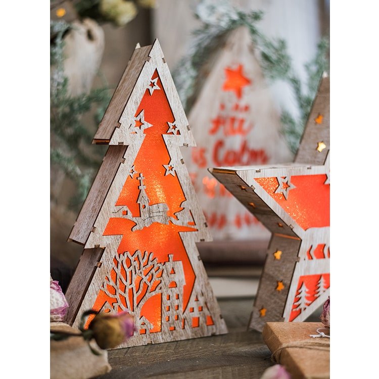 Christmas Decorative Light Box Red RusticReach two wooden tree silhouettes star cutouts glow on Tampa Home & Garden Store