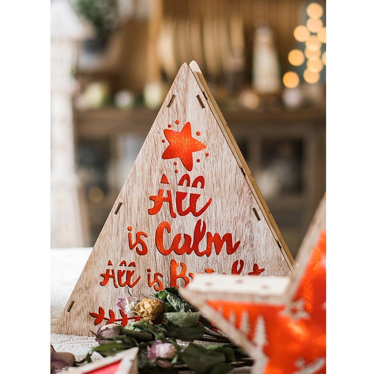 RusticReach red Christmas light box, wooden triangular sign with All is Calm and star on Tampa Home & Garden Store