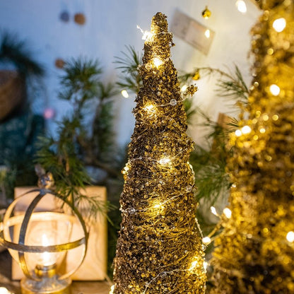Christmas Rattan Cone Tree in Gold by RusticReach with warm LED string lights on Tampa Home & Garden Store
