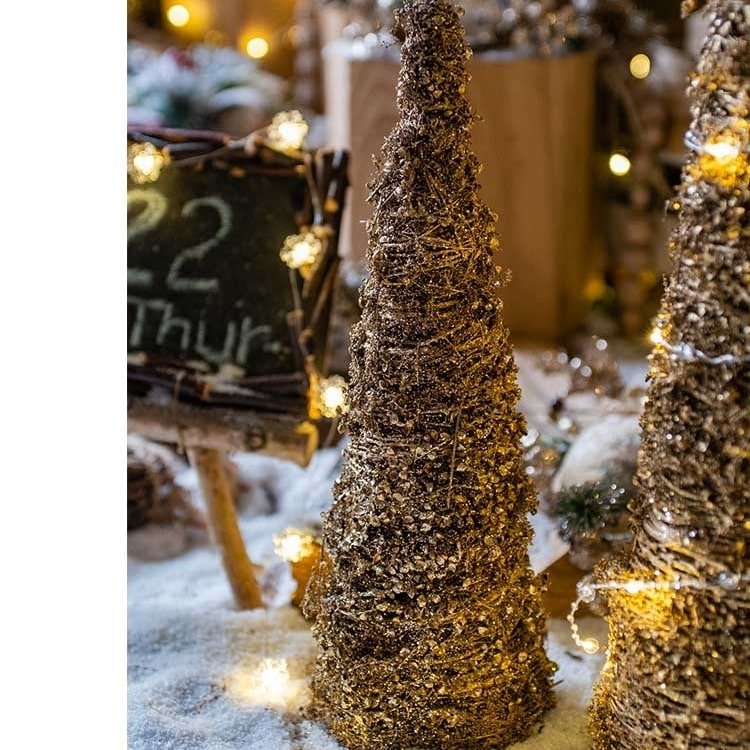 Two-piece Christmas Rattan Cone Tree in Gold by RusticReach with glittery textured surface on Tampa Home & Garden Store