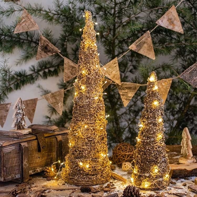 RusticReach Christmas rattan cone trees in gold, two-piece set with warm LED lights on Tampa Home & Garden Store