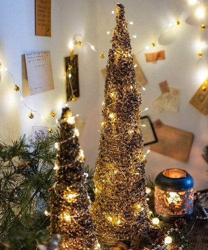 Christmas Rattan Cone Tree in Gold by RusticReach with warm white lights tall and small pair on Tampa Home & Garden Store
