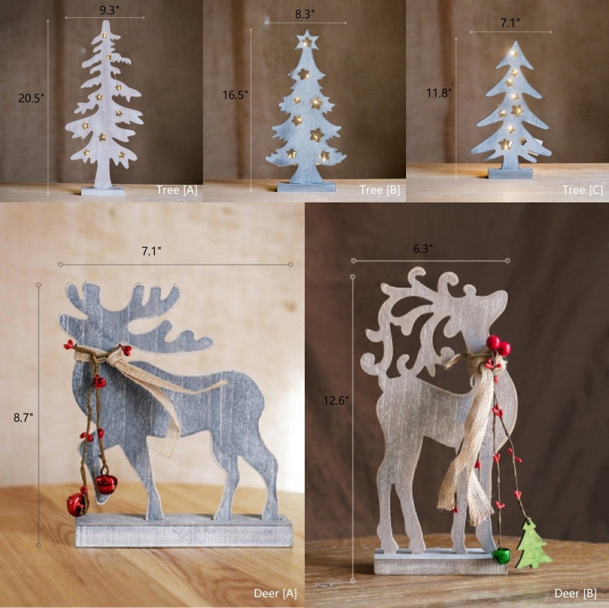 RusticReach 5-piece wood Christmas decor figurines set with 3 whitewashed trees and 2 reindeer on Tampa Home & Garden Store