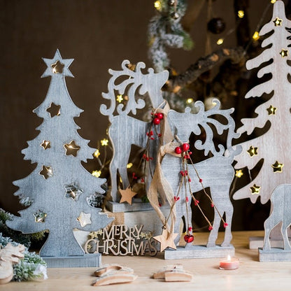 RusticReach Christmas decoration figurines; graywashed trees and reindeer with star cutouts on Tampa Home & Garden Store