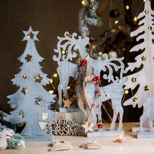 RusticReach Christmas decoration figurines; graywashed trees and reindeer with star cutouts on Tampa Home & Garden Store
