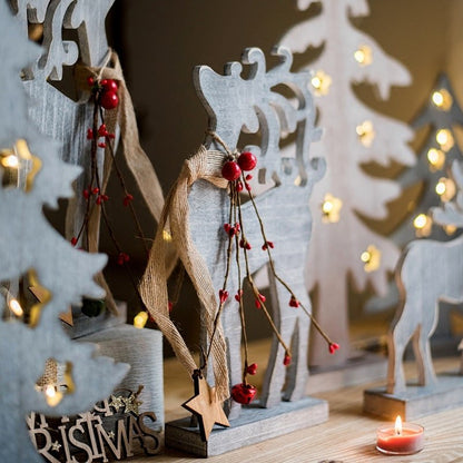 Wooden Christmas desktop figurines set by RusticReach with blue-gray finish and red berries on Tampa Home & Garden Store