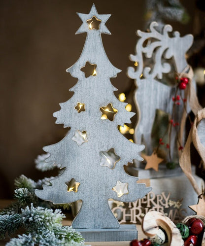Christmas desktop decoration wooden tree by RusticReach with star-cutouts, blue-gray finish on Tampa Home & Garden Store