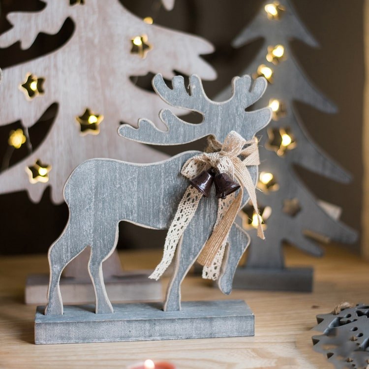 Wooden Christmas reindeer desk figurine, weathered gray with lace bow, RusticReach on Tampa Home & Garden Store