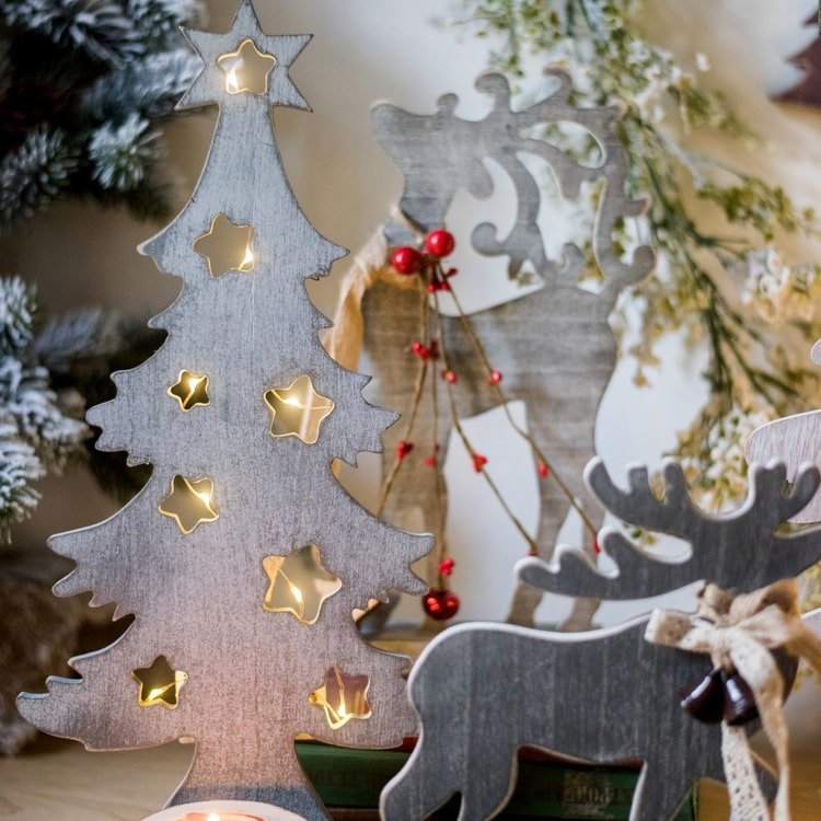 Christmas desktop wood figurines by RusticReach: gray tree with star cutouts and reindeer on Tampa Home & Garden Store