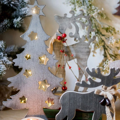 Christmas desktop wood figurines by RusticReach: gray tree with star cutouts and reindeer on Tampa Home & Garden Store
