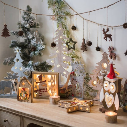Wooden Christmas desktop figurines by RusticReach featuring carved trees, stars and an owl decor set on Tampa Home & Garden Store