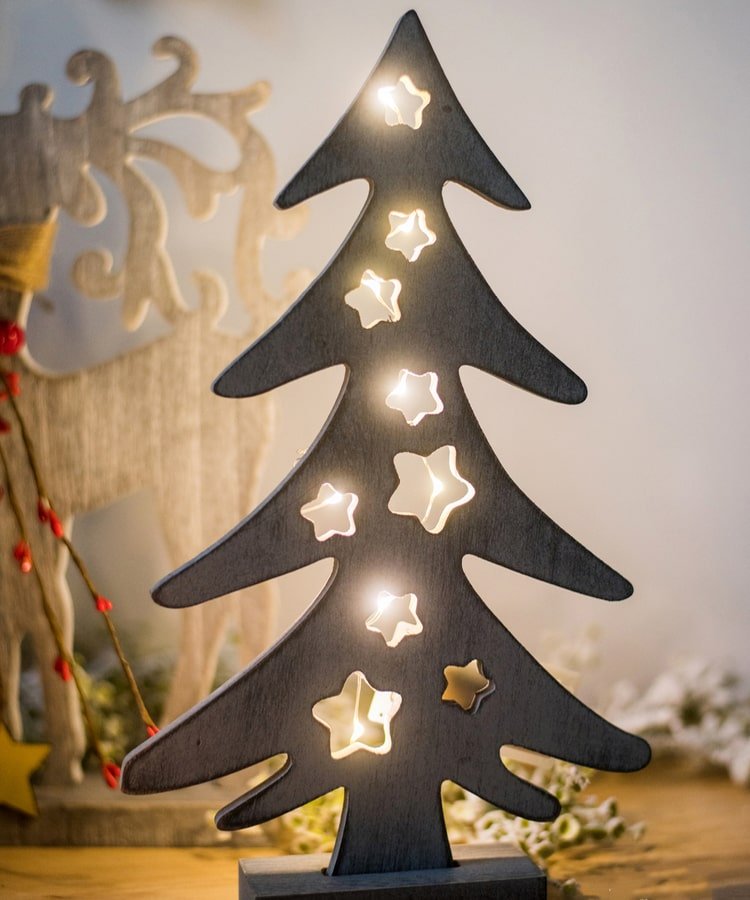 Christmas Desktop Figurines in Wood by RusticReach, black wooden tree with stars on Tampa Home & Garden Store