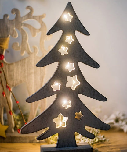 Christmas Desktop Figurines in Wood by RusticReach, black wooden tree with stars on Tampa Home & Garden Store