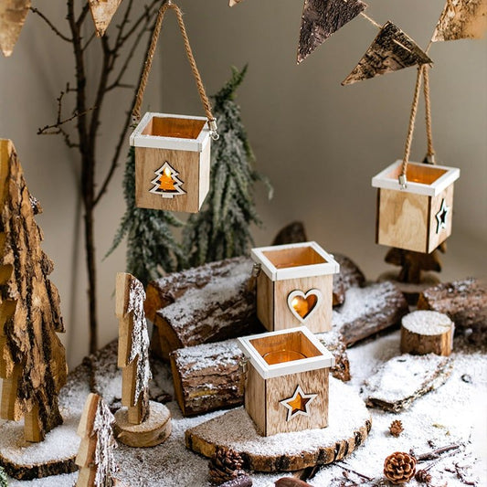 Wood box candle holder ornament with white trim and tree, heart, star cutouts by RusticReach on Tampa Home & Garden Store
