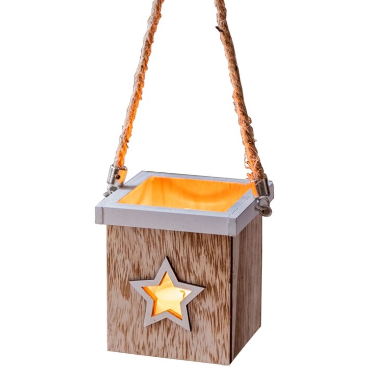 Christmas Tree wood box candle holder ornament with star cutout, warm glow, rope hanger on Tampa Home & Garden Store