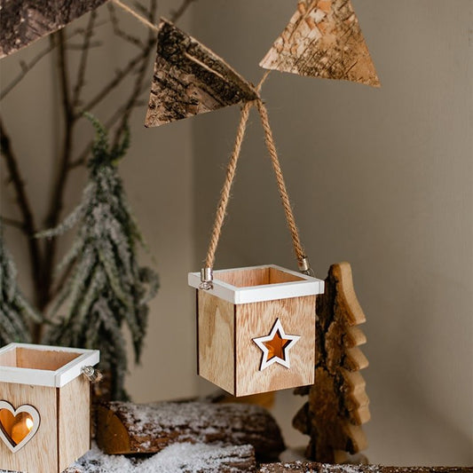 Christmas Tree Wood Box Candle Holder Ornament with star cutouts, natural wood, rope hangers on Tampa Home & Garden Store