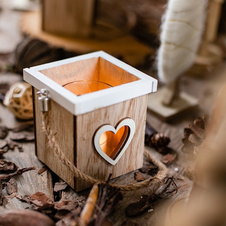 Christmas tree wooden box candle holder ornament with white rim and heart cutout, warm glow on Tampa Home & Garden Store