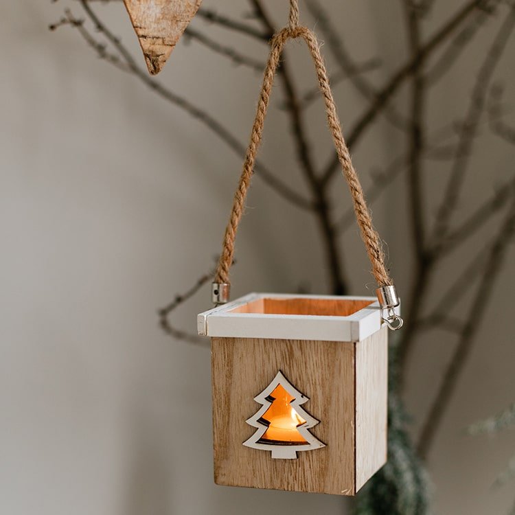 Christmas tree wood box candle holder ornament with rope-hung hanger natural wood finish on Tampa Home & Garden Store