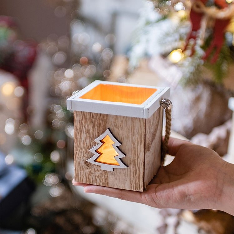 Christmas Tree Wood Box Candle Holder Ornament by RusticReach with orange glow, rope handle on Tampa Home & Garden Store