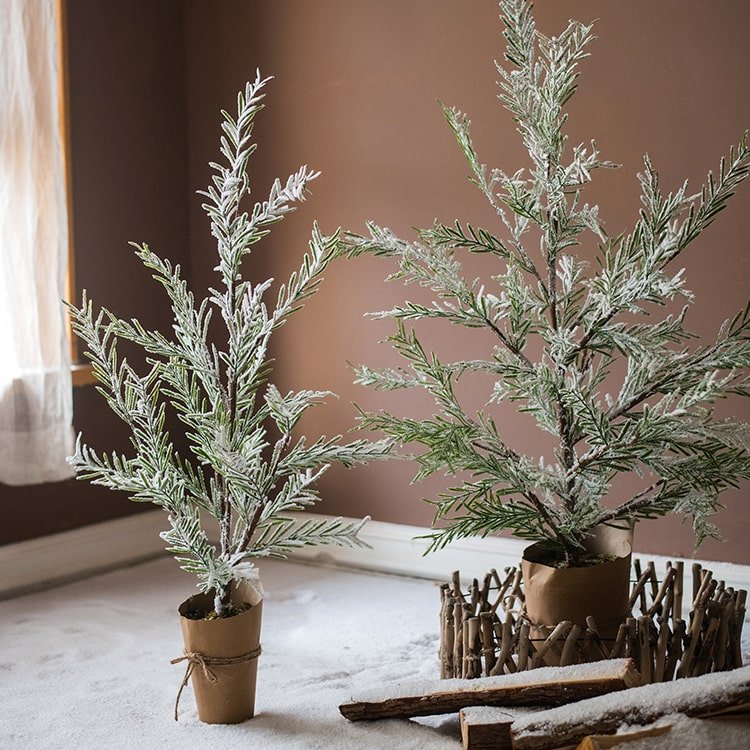 RusticReach Cedar Fir snow-flocked Christmas trees in paper-wrapped bases with frosted branches on Tampa Home & Garden Store