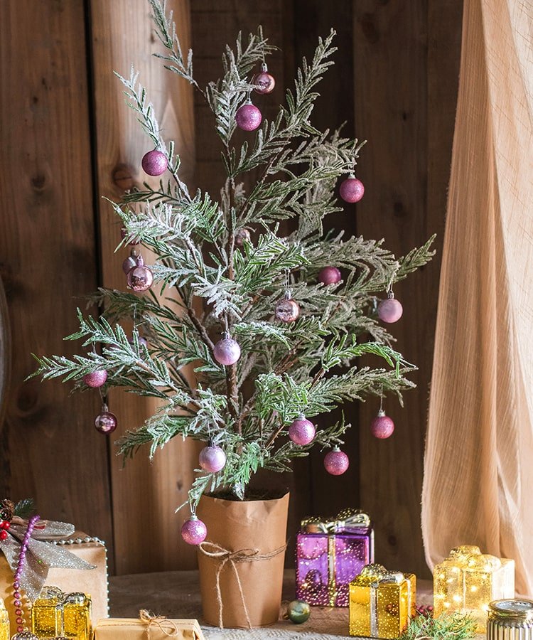 Cedar Fir Snow Flocked Christmas Tree in Paper Wrapped Base with pink ornaments, RusticReach on Tampa Home & Garden Store