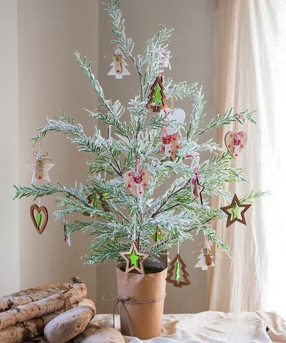 Cedar Fir Snowflocked Christmas Tree in paper-wrapped base with wooden ornaments RusticReach on Tampa Home & Garden Store