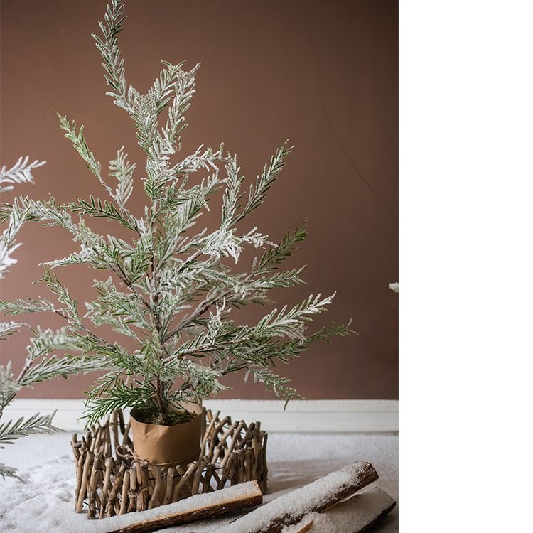 Cedar Fir Snow-Flocked Christmas Tree in paper-wrapped base RusticReach tabletop tree on Tampa Home & Garden Store