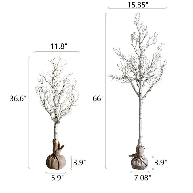 RusticReach Christmas Withered White Faux Tree with burlap base shown in 66in and 36.6in heights on Tampa Home & Garden Store