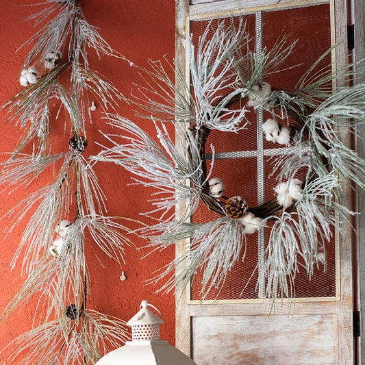 RusticReach Christmas faux snow pine needle wreath and vine with frosted needles and pinecone on Tampa Home & Garden Store