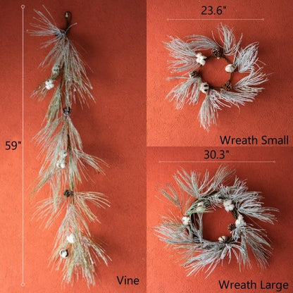 Christmas faux snow pine needle vine and wreaths RusticReach; 59in vine, 23.6in & 30.3in wreaths on Tampa Home & Garden Store