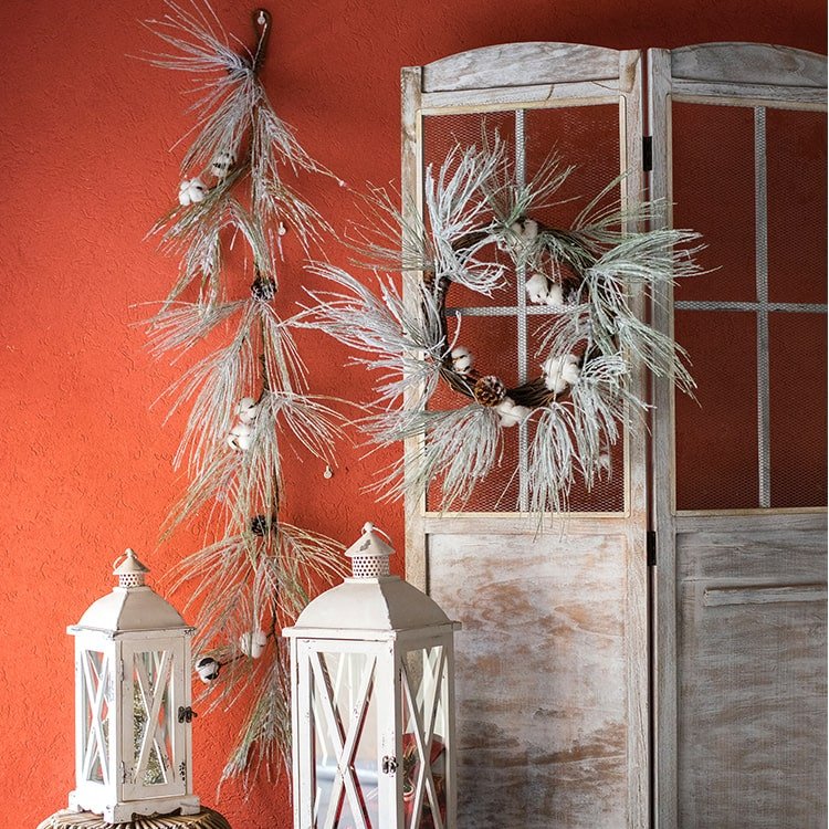 Christmas Faux Snow Pine Needle Wreath by RusticReach with needles and berries on wall on Tampa Home & Garden Store