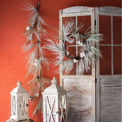 Christmas Faux Snow Pine Needle Wreath by RusticReach with needles and berries on wall on Tampa Home & Garden Store