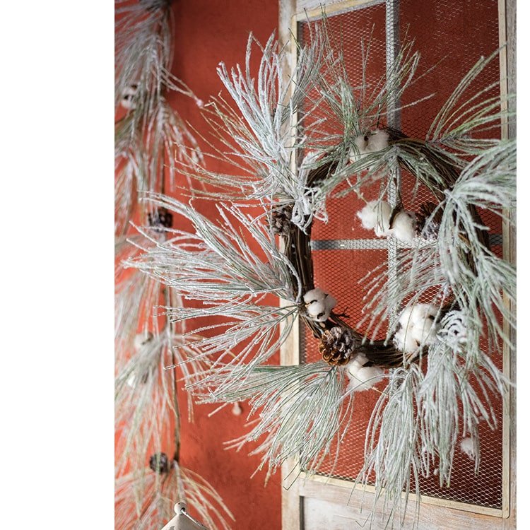 RusticReach Christmas faux snow pine needle wreath with frosted needles and pinecones on Tampa Home & Garden Store