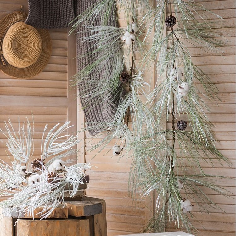 RusticReach Christmas faux snow pine needle wreath vine with cotton accents on Tampa Home & Garden Store