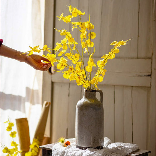 Faux Silk Yellow Dancing Lady Orchid stem bundle, 19in tall in gray ceramic vase RusticReach on Tampa Home & Garden Store