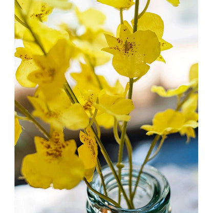 Faux silk Yellow Dancing Lady orchid stem bundle, 19 in tall, RusticReach in teal glass vase on Tampa Home & Garden Store