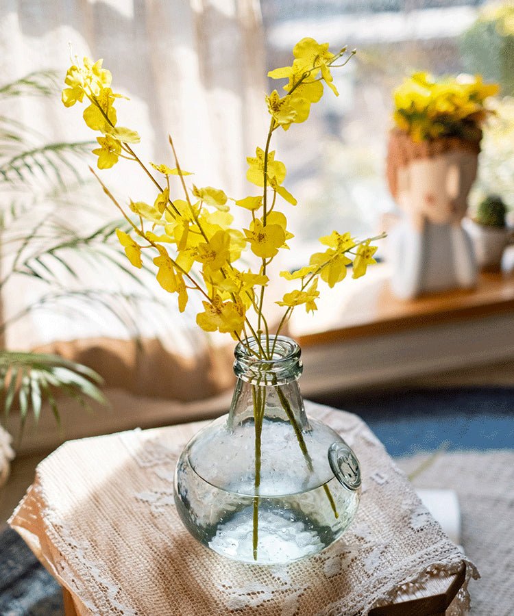 Faux Silk Dancing Lady Orchid stem bundle, yellow, 19 inches tall in glass vase on Tampa Home & Garden Store