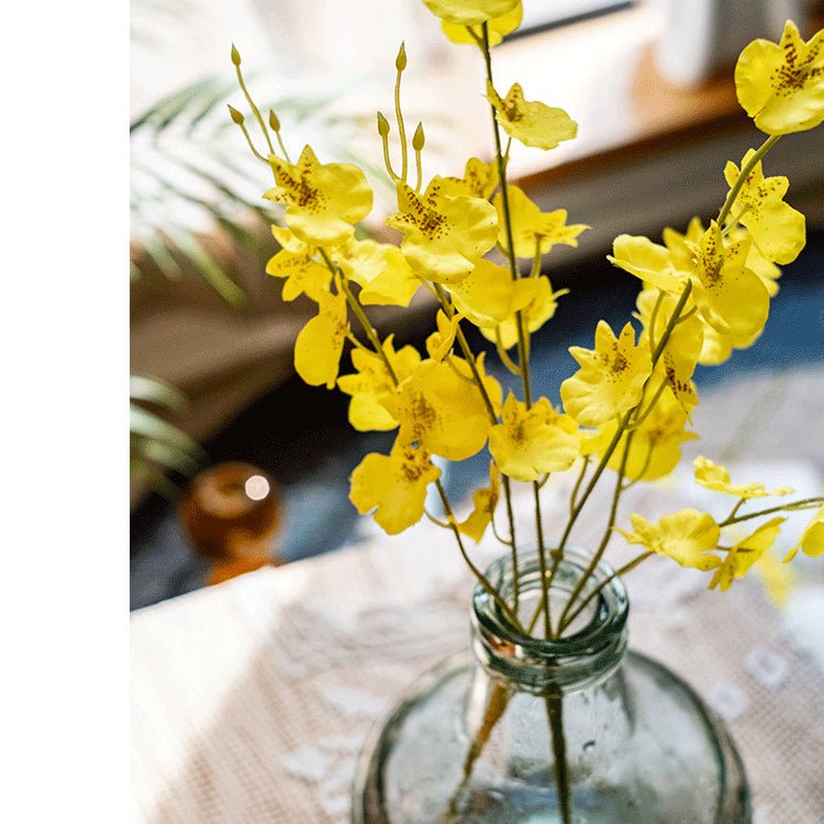 Faux Silk Yellow Dancing Lady orchid stem bundle, 19 in tall, RusticReach in glass bottle vase on Tampa Home & Garden Store