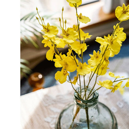 Faux Silk Yellow Dancing Lady orchid stem bundle, 19 in tall, RusticReach in glass bottle vase on Tampa Home & Garden Store