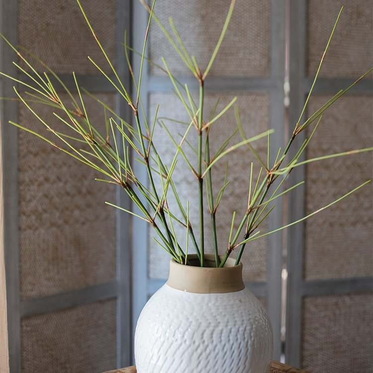 Artificial Zen Style Bamboo Stem 30 in tall white vase with beige neck and green stalks on Tampa Home & Garden Store